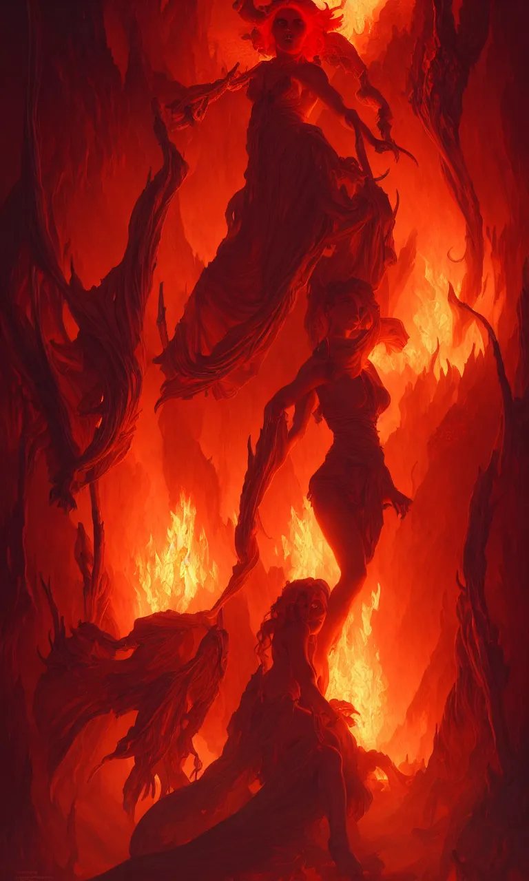 Image similar to Purgatory, fire woman in hell. The gateway to the infernal underworld. Devils demons, highly detailed, digital painting, artstation, concept art, smooth, sharp focus, illustration, art by artgerm and greg rutkowski and alphonse mucha