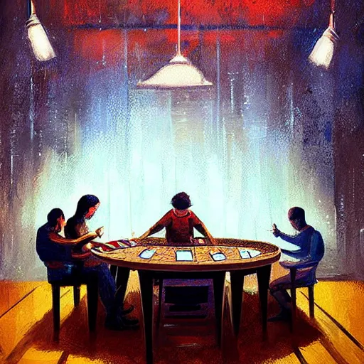 Image similar to people playing poker on a table by alena aenami and annato finnstark