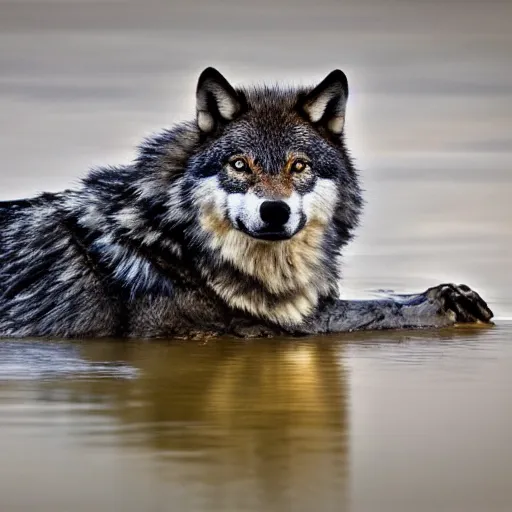 Prompt: a wolf crocodile!!! hybrid! bold natural colors, masterpiece, trending on artstation, photograph, national geographic, wildlife photographer of the year