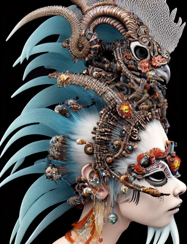 Image similar to 3 d goddess close - up profile portrait punk with mohawk with ram skull. beautiful intricately detailed japanese crow kitsune mask and clasical japanese kimono. betta fish, jellyfish phoenix, bio luminescent, plasma, ice, water, wind, creature, artwork by tooth wu and wlop and beeple and greg rutkowski