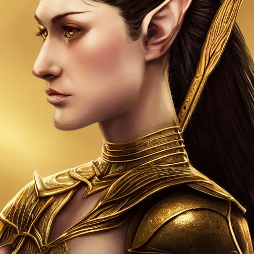 Prompt: side portrait of a female elven warrior, fantasy, head tilted down, black hair, gold armour, gold jewelry, white skin, detailed face, trending on artstation, gsociety, D&D, elegant, highly detailed, sophisticated, hyperrealistic, detailed illustration, smooth, sharp focus, upper body, intricate, rule of thirds, holy glow, backlit, hd 4k by Greg Rutkowski, Charlie Bowater, Karol Bak