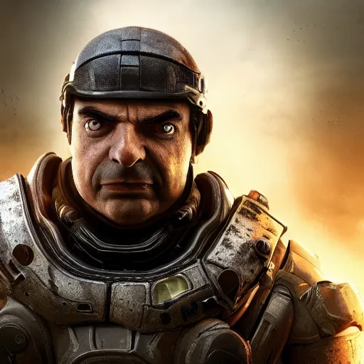 Image similar to Portrait of Mr. Bean in Gears of War, splash art, movie still, cinematic lighting, dramatic, octane render, long lens, shallow depth of field, bokeh, anamorphic lens flare, 8k, hyper detailed, 35mm film grain