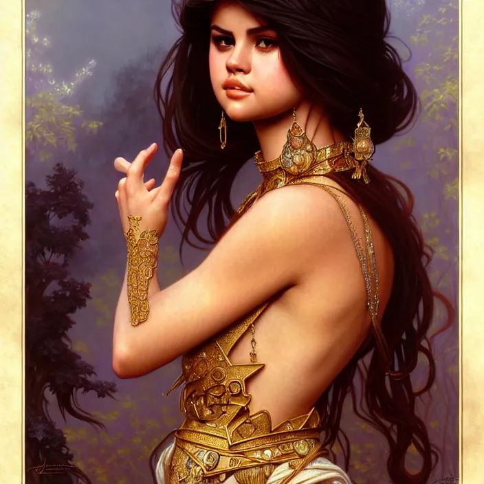 Image similar to ancient queen selena gomez, diffuse lighting, fantasy, intricate, elegant, highly detailed, lifelike, photorealistic, digital painting, artstation, illustration, concept art, smooth, sharp focus, art by john collier and albert aublet and krenz cushart and artem demura and alphonse mucha