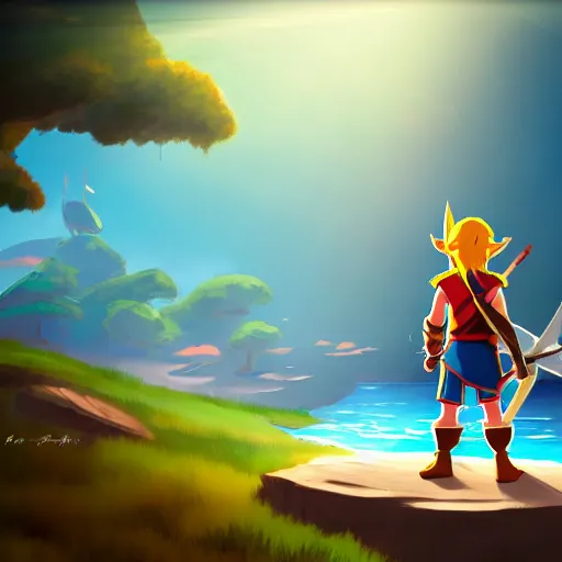 Prompt: link standing on an island ready for battle with a pirate ship in the distance, dramatic lighting, diffused light, haze, lens flare, detailed wind waker concept art, trending on artstation