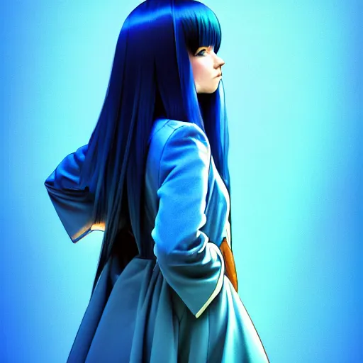 Image similar to low - angle shot from behind of a long light blue - haired girl in a blue tailcoat with a scabbard, combat boots, noir, screenshot, sharp focus, intricate, illustration, cell shaded, digital painting, highly detailed, straight hair, art by ilya kuvshinov, wlop, greg rutkowski, studio quality, james jean