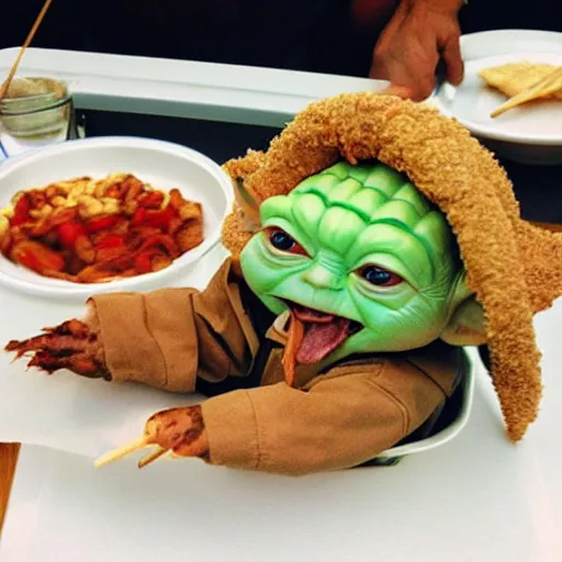 Image similar to baby yoda eating a kebab