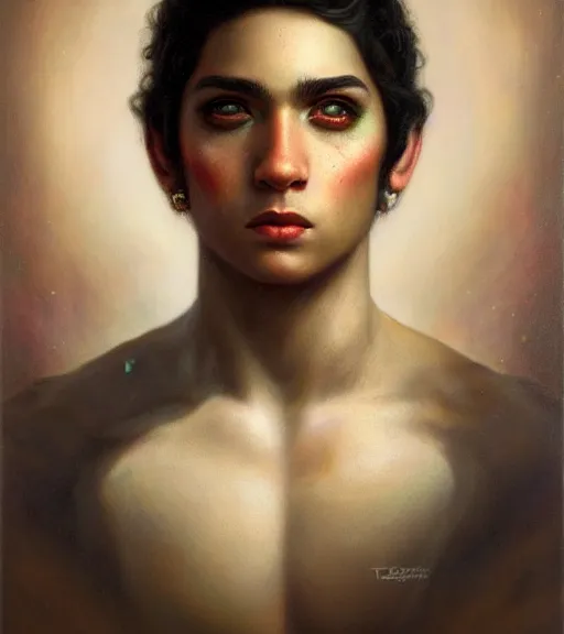 Image similar to Portrait of a Magical Latino Boy, by Tom Bagshaw and Manuel Sanjulian