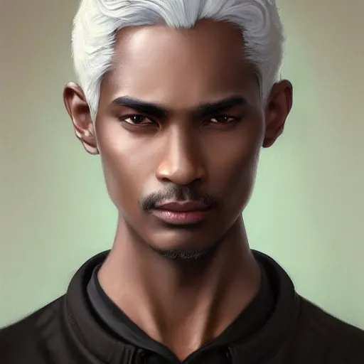 Image similar to ultra realistic illustration, young man with dark gray skin, short white hair, intricate, with dark clothes, elegant, highly detailed, digital painting, artstation, concept art, smooth, sharp focus, illustration, art by artgerm and greg rutkowski and alphonse mucha