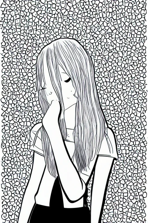 Image similar to portrait of a girl in long pants and a top, hands in pockets, eyes closed, bob haircut, digital art, black and white, manga style