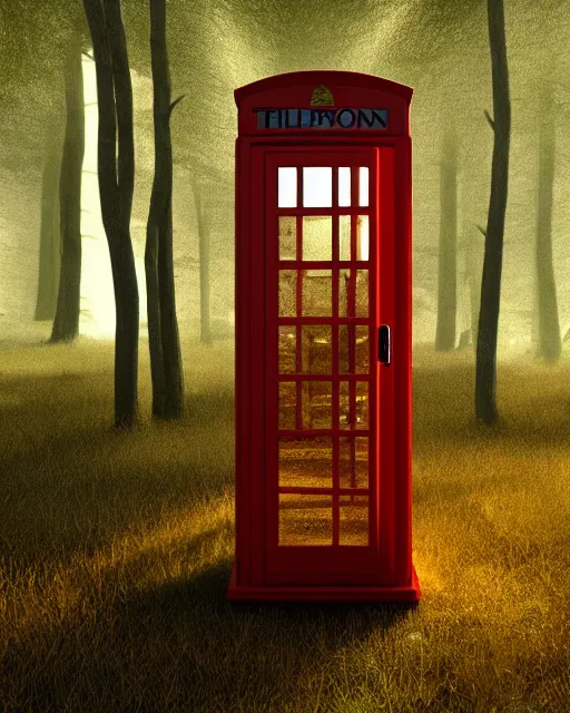 Image similar to bill and ted phone booth in the woods, hyper realism, cinematic, volumetric lighting, octane render, unreal engine, 8 k, concept art, digital art, deviantart artstation,