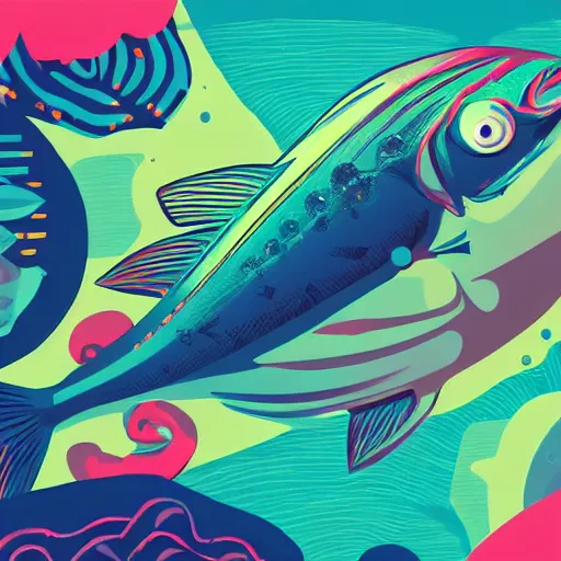 Image similar to profile of one stylized fish in center of view, photo studio, artstation, intricate, realistic, highly detailed, digital painting, concept art, sharp focus, illustration by tom whalen and charles williams and kilian eng and james jean