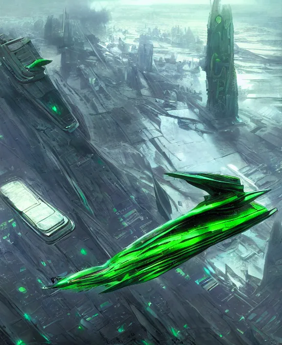 Image similar to a futuristic green spaceship flying above a large city by hr giger and beksinski and stephan martiniere, trending on artstation, 4 k resolution, detailed, high quality, hq artwork