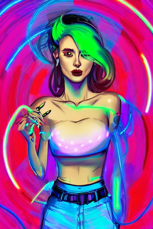 Image similar to a award winning portrait of a beautiful woman with stunning eyes in a one off shoulder crop top and cargo pants with rainbow colored hair, outlined by whirling illuminated neon lines and fine lines swirling in circles by greg tocchini, digital art, trending on artstation