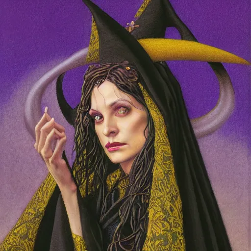 Image similar to portrait of a witch, dressed in purple, gold embroidery, by gerald brom.