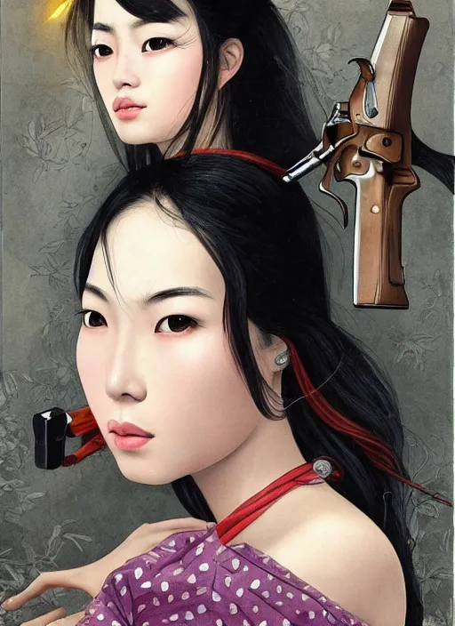 Image similar to beautiful asian girl with a revolver looking into the camera, 2d concept illustration, detailed, intricate, by Tran Nguyen