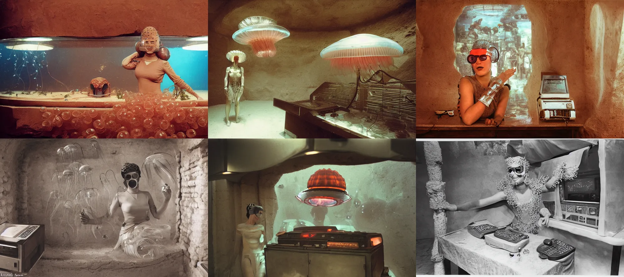 Prompt: closeup view of a polish female jellyfish sand human hybrid wearing roman armor and visor shades, inside of a dimly lit ancient Roman villa with a soviet computer console and a semi-transparent wall displaying an exterior view of a Chinese restaurant interior that is underwater with floating food trays, ektachrome photograph, volumetric lighting, 24mm f8 aperture