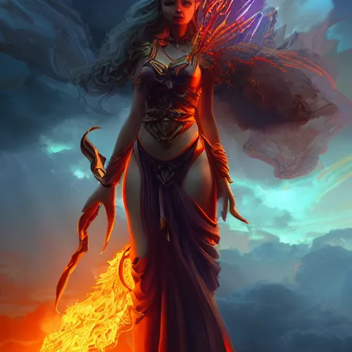 Image similar to beautiful goddess of fire stands in her power, 8k resolution matte fantasy painting, cinematic lighting, DeviantArt Artstation, by Ross Tran