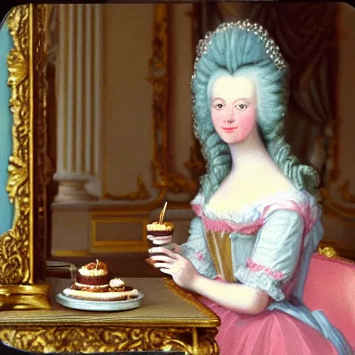 Prompt: a Polaroid of Marie Antoinette eating cake at Versailles Palace 1792, photorealistic