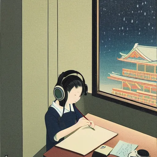 Image similar to An expressive painting by Hasui Kawase of a Japanese girl sat writing in a journal while wearing headphones illuminated by a desk lamp, in the background is a window overlooking a rainy night-time city, with a cat resting on the window cill, a relaxed and dreamy atmosphere, highly atmospheric with dynamic lighting, highly detailed, 8K