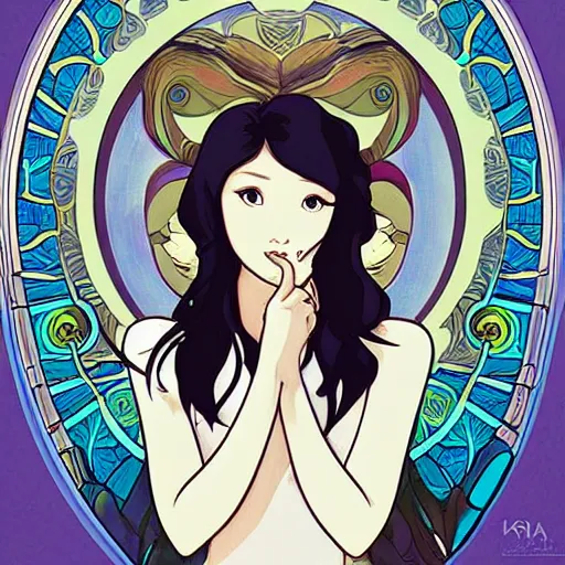 Image similar to hwasa hwasa hwasa in the style of artgerm and alphonse mucha. studio ghibli