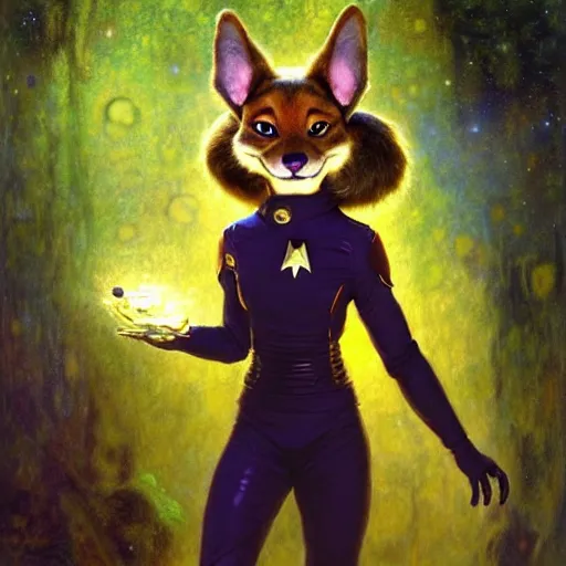 Image similar to a portrait of an female canine alien scales in starfleet uniform at night in a dark forest. zootopia fursona furaffinity furry art detailed face painting by gaston bussiere craig mullins jc leyendecker gustav klimt artgerm greg rutkowski furry