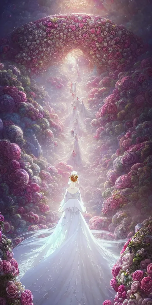 Image similar to the beautiful hyper detailed of a rose wedding dress clothing design display in the fairyland surrounded by white clouds, in the style of makoto shinkai victo ngai and peter mohrbacher studio ghibli artgerm karol bak beeple, animation style, 8 k hd, dream, ultra wide angle, animation style, 3 drender, hyperdetailed