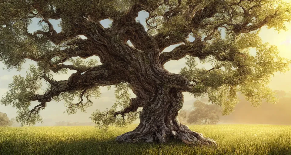 Prompt: A beautiful hyper realistic ultra detailed lifelike matte painting of an old oak tree in a vineyard, unreal engine, deviantart, flickr, artstation, octane render, textured, colorful, extreme realistic detail, physically based rendering, pbr render, very detailed, volumetric lighting, detailed lighting, octane render, 4k, cinematic lighting, 8k resolution