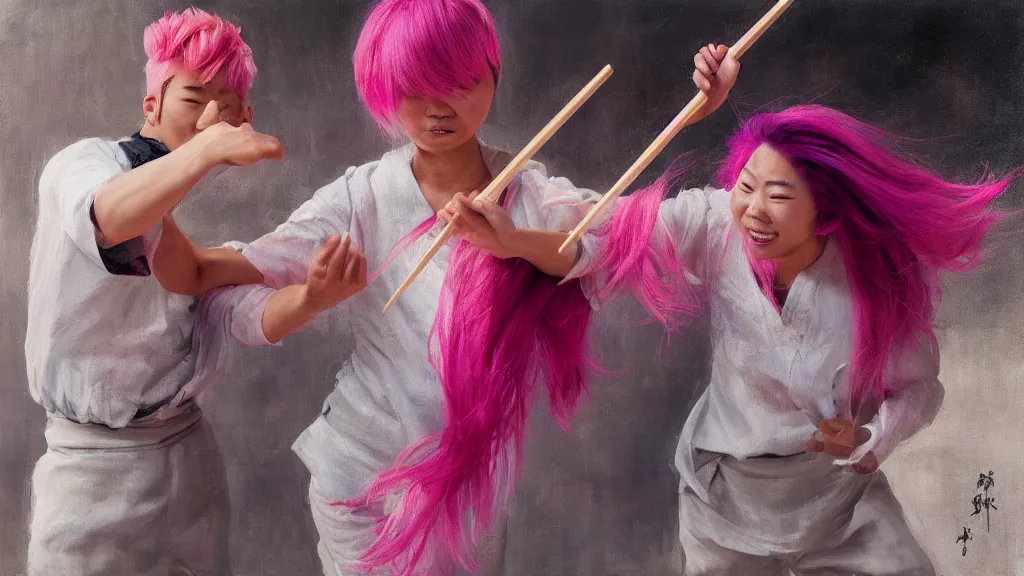 Prompt: asian person with chopsticks fighting a person with pink hair, cinematic, 4 k, oil painting