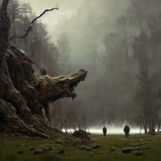 Image similar to annihilation ( 2 0 1 8 ) art by jakub rozalski, surreal mythological landscape by malczewski, legendary creature and animals heards