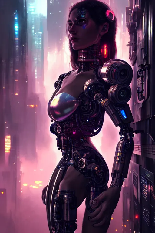 Image similar to ultra realistic, beautiful female cyborg in a crowded smoky cyberpunk club in space megalopolis, sci - fi, intricate details, eerie, highly detailed, octane render, 8 k, art by artgerm and alphonse mucha and greg rutkowski