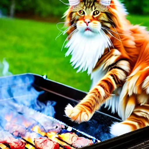 Prompt: beautiful impressionist painting of an ginger maine coon with a white beard cooking a bbq outside