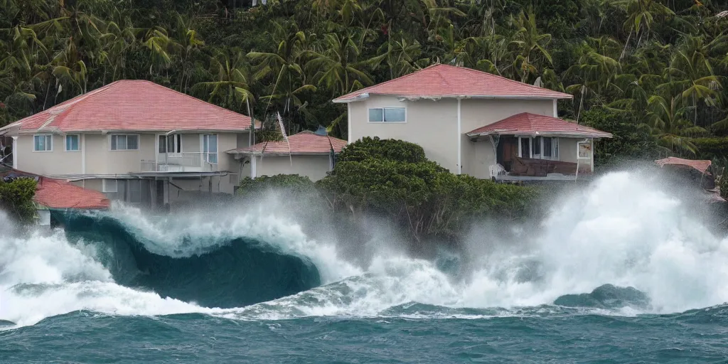 Prompt: A house about to be hit by a tsunami, impending doom, island