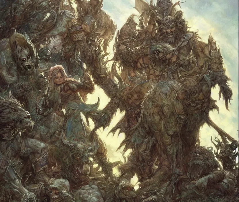 Prompt: beautiful epic fantasy D&D art, a satyr, a goblin, a dwarf, an elf, and a wolf. epic art by Donato Giancola and James Gurney, digital art, trending on artstation
