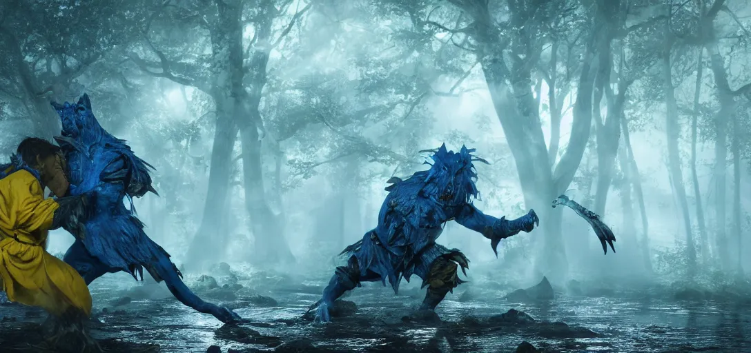Prompt: a warrior in blue and yellow robes fighting a dark beast in a swamp, detailed face, luminescent eyes, sunny weather, rendered in octane, realistic, 8 k, vivid, intricate, detailed, mist, fog, dramatic light