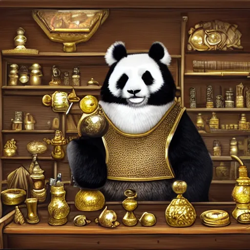 Prompt: Anthropomorphized panda trader in his shop, selling his wares, portrait, items, gold, magic potions, carpet, window, fancy hat, sly expression , cunning expression, cute expression, long thick shiny gold beak, presenting wares, holding a gold bag, D&D, fantasy, cinematic lighting, highly detailed, digital painting, artstation, concept art, smooth, sharp focus, illustration, warm light, cozy warm tint, magic the gathering artwork, volumetric lighting, 8k, art by Akihiko Yoshida, Greg Rutkowski