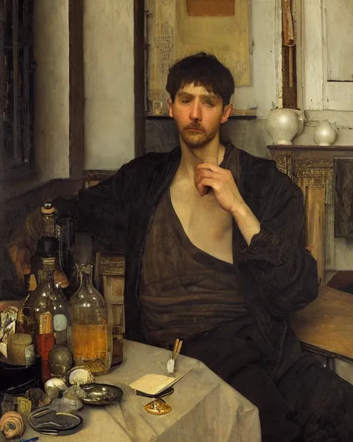 Prompt: an exhausted painter in his studio with a whiskey bottle by edgar maxence and caravaggio, intricate painting, hyper realistic, extremely detailed and beautiful aesthetic face, 8 k resolution