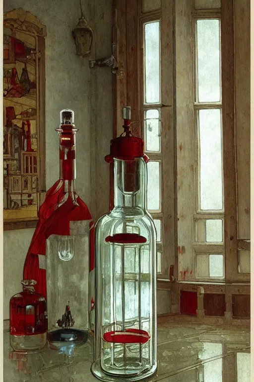 Prompt: a red and white lighthouse inside a clear bottle, very fancy whiskey bottle, intricate concept painting by john collier and albert aublet and krenz cushart and artem demura and alphonse mucha