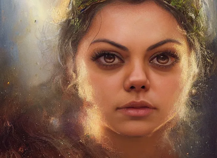 Image similar to Mila Kunis staring into the camera, misty wisps, Lilia Alvarado, Sophie Anderson, Mark Arian, Bob Byerley, Charlie Bowater, Mark Brooks, Steve Henderson, Justin Gerard, Arthur Hughes, Edward Robert Hughes, Mark Keathley, Victor Nizovtsev, Carlos Shwabe, Ross Tran, WLOP