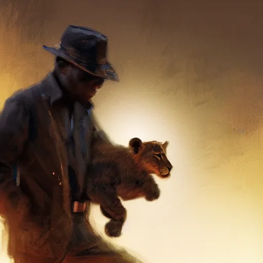 Prompt: An Black 1920's explorer holding a lion cub in his hands arwork by Craig Mullins, artstation trending, cinematic lighting