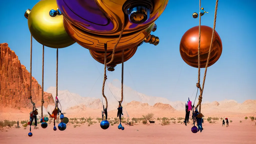 Image similar to large colorful futuristic space age metallic steampunk balloons with pipework and electrical wiring around the outside, and people on rope swings underneath, flying high over the beautiful ancient desert city landscape, professional photography, 8 0 mm telephoto lens, realistic, detailed, photorealistic, photojournalism