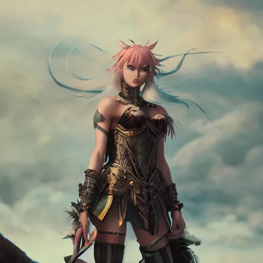 Image similar to character design, beautifull female warrior, fantasy style clothing, anime key visual, official media, illustrated by wlop, extremely detailed, 8 k, trending on artstation, cinematic lighting, beautiful, mist, photorealistic, octane render, unreal engine, hyper detailed, volumetric lighting