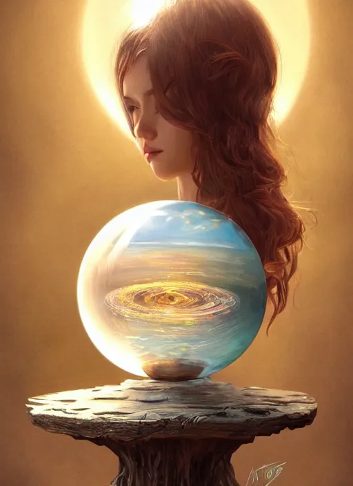 Prompt: crystal ball on a wood stand with a beautiful dreamscape inside, studio product photography, centered, super highly detailed, professional digital painting, artstation, concept art, smooth, sharp focus, extreme illustration, unreal engine 5, photorealism, beautiful, cinematic, art by artgerm and rutkowski and alphonse mucha and loish and wlop