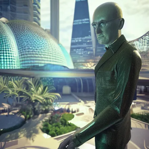 Image similar to octane render portrait by wayne barlow and carlo crivelli and glenn fabry, inside a high - end luxurious solarpunk beautiful utopian futuristic chicago worlds fair, cinema 4 d, ray traced lighting, very short depth of field, bokeh