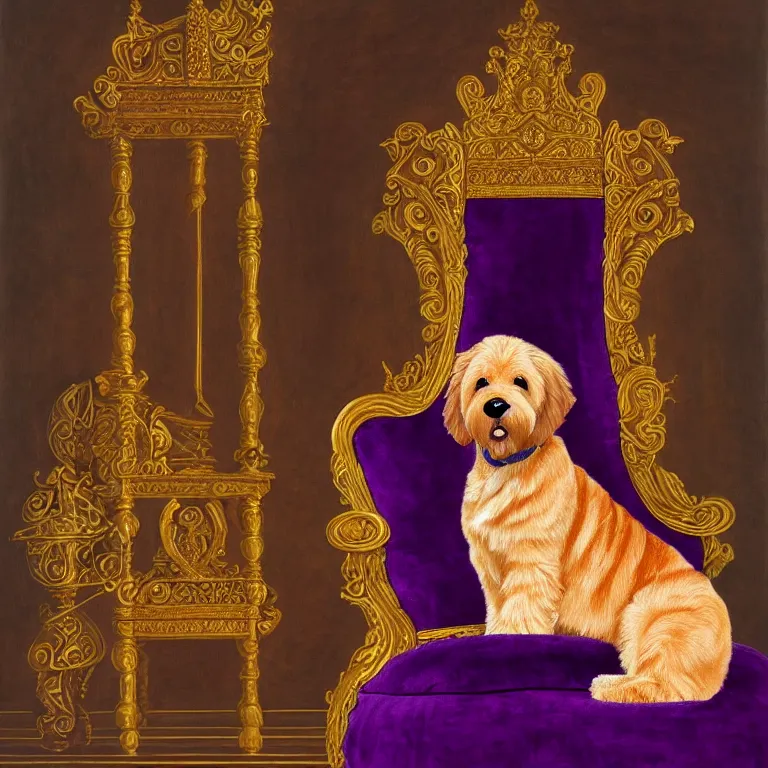 Image similar to a portrait of an empty royal throne, flanked by an orange tabby sitting on a floating purple pillow to the left of the throne, flanked by a brown goldendoodle sitting on a floating purple pillow to the right of the throne, oil on canvas, soft lighting, 8 k