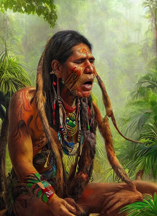 Prompt: a beautiful painted portrait of an indigenous shaman chanting in the jungle, matte painting, fantasy art, ayahuasca