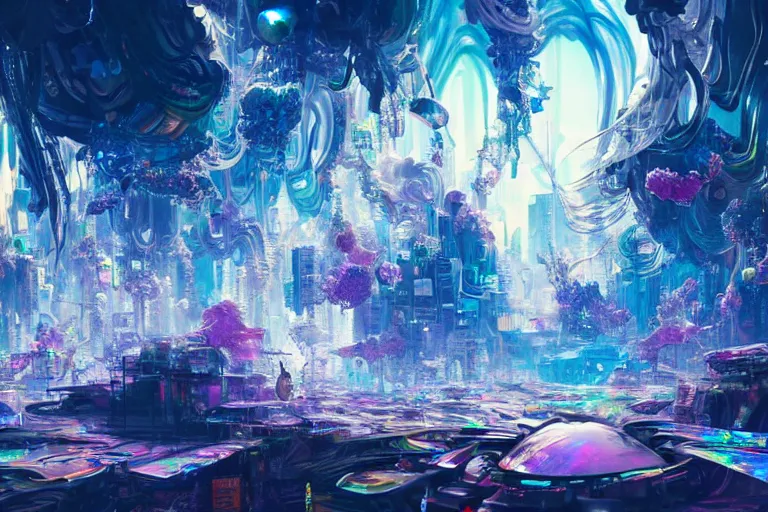 Image similar to simplicity, a huge flock of many ornate iridescent puffy filigreed clouds tangled into large whirling ultra detailed crystal specimens, cyberpunk environment, playful, award winning art, epic dreamlike fantasy landscape, ultra realistic,