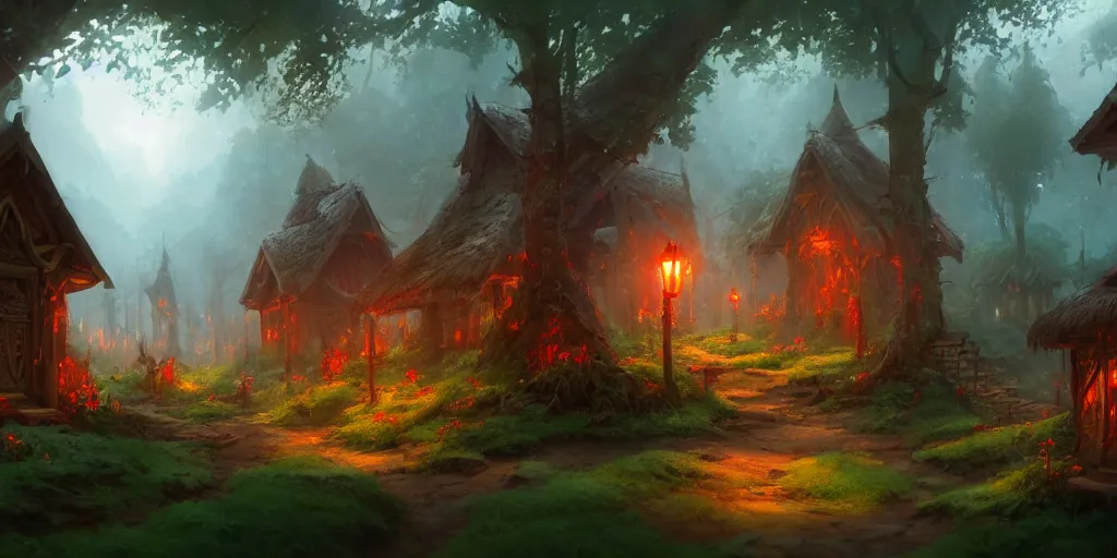 Prompt: Small elven village in deep lush forest with red lamp posts and wooden huts. In style of Greg Rutkowski, Jesper Ejsing, Makoto Shinkai, trending on ArtStation, fantasy, great composition, concept art, highly detailed, scenery, 8K, Behance.