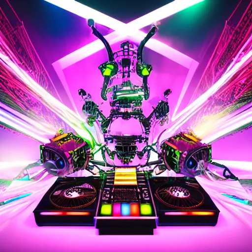 Prompt: album art, the band name is roborock, album name is energetic trance music, band with 3 steampunk robots on a dj desk with a cd mixer, 8 k, flourescent colors, halluzinogenic, multicolored, exaggerated detailed, front shot, 3 d render, octane