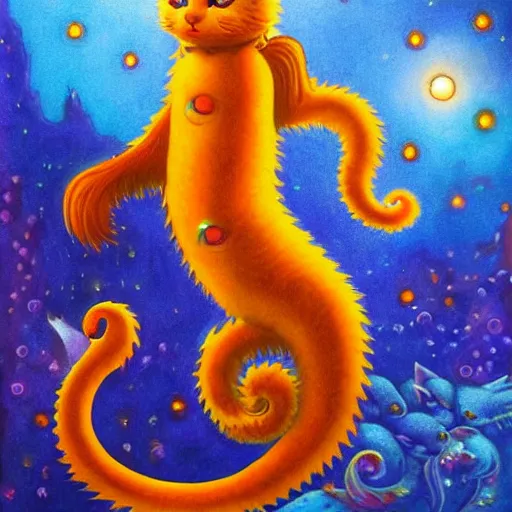 Prompt: cat seahorse shapeshifter, humanoid fursona by Delphin Enjolras and Louis Wain, furaffinity, trending on artstation