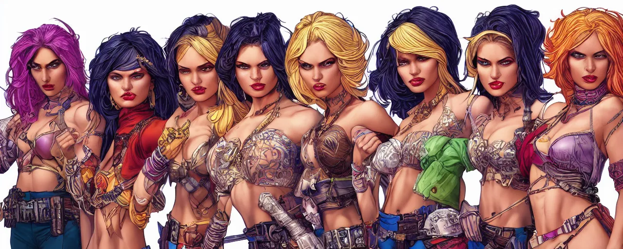 Prompt: a group of six female thieves with unique styles of dress, varying skin tones, and hair colours, bold and colourful, symmetrical facial features, 8 k intricate detail, detailed faces, beautiful, arnold rendering, art by pepe larraz,